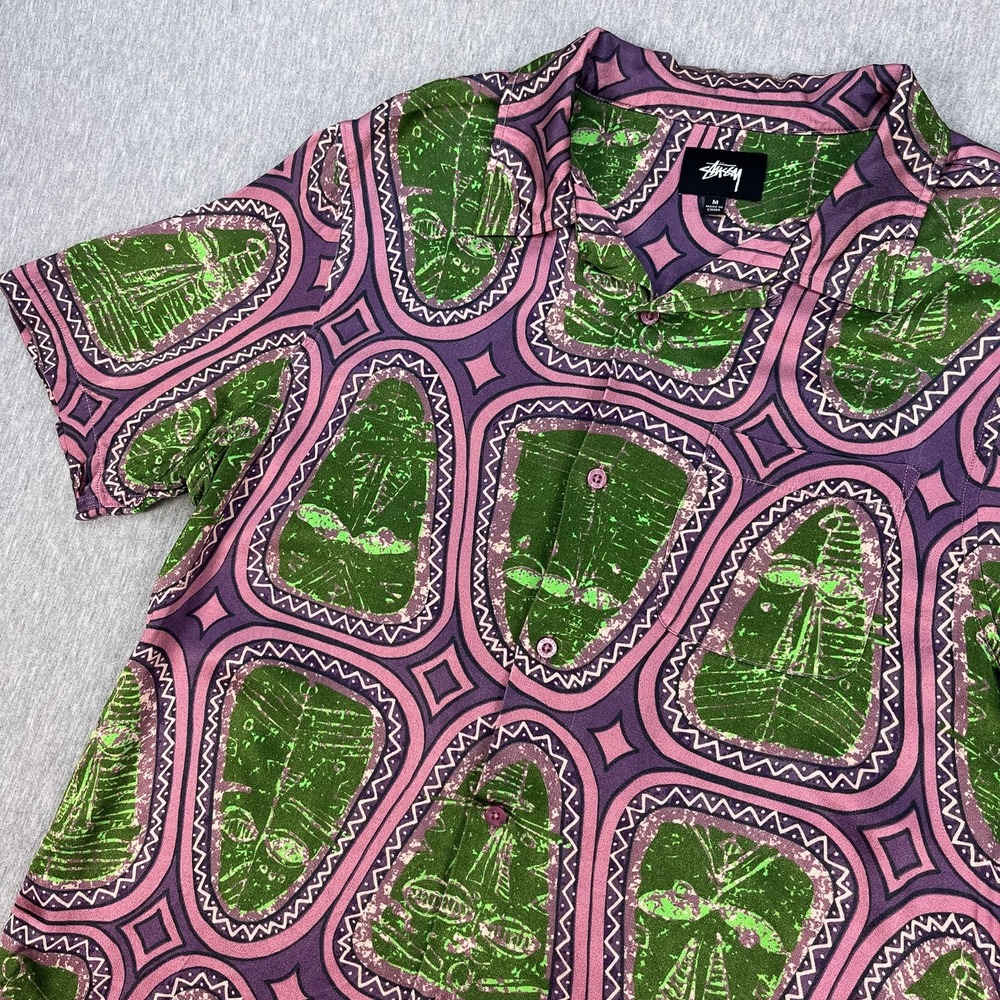 Vintage Stussy Aloha Mask Shirt S Purple/Green Hawaiian Rayon Surf Japan RARE